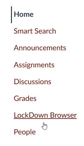 Canvas course navigation menu with the cursor pointing to the LockDown Browser link.