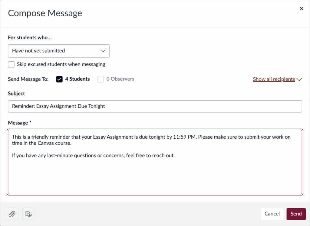 Full compose message window with student group selection, recipient list, and filled-in subject and message fields. “Send” button appears in the lower right.