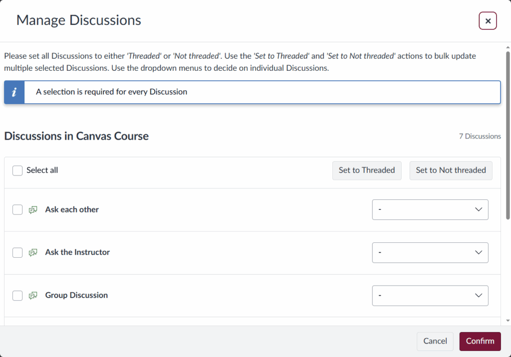 Canvas "Manage Discussions" page showing a list of discussions with checkboxes, dropdown menus to set threading status, and buttons labeled "Set to Threaded," "Set to Not threaded," and "Confirm."