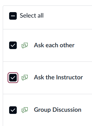 Canvas "Manage Discussions" page showing that all discussion checkboxes, including "Select all," are checked.